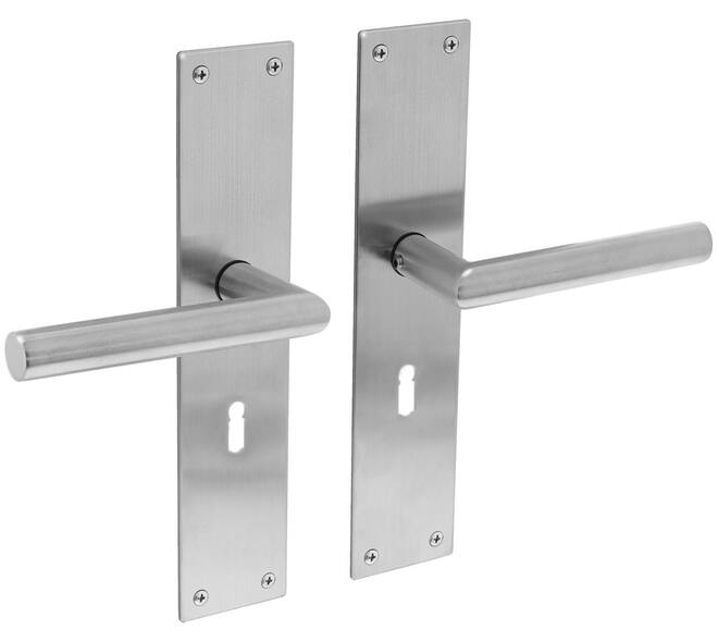 [0035.058324] INTERSTEEL JURA DRÜCKERPAAR AUF LANGSCHILD MIT SCHLÜSSELLOCH (gebürsteter Edelstahl, 56)